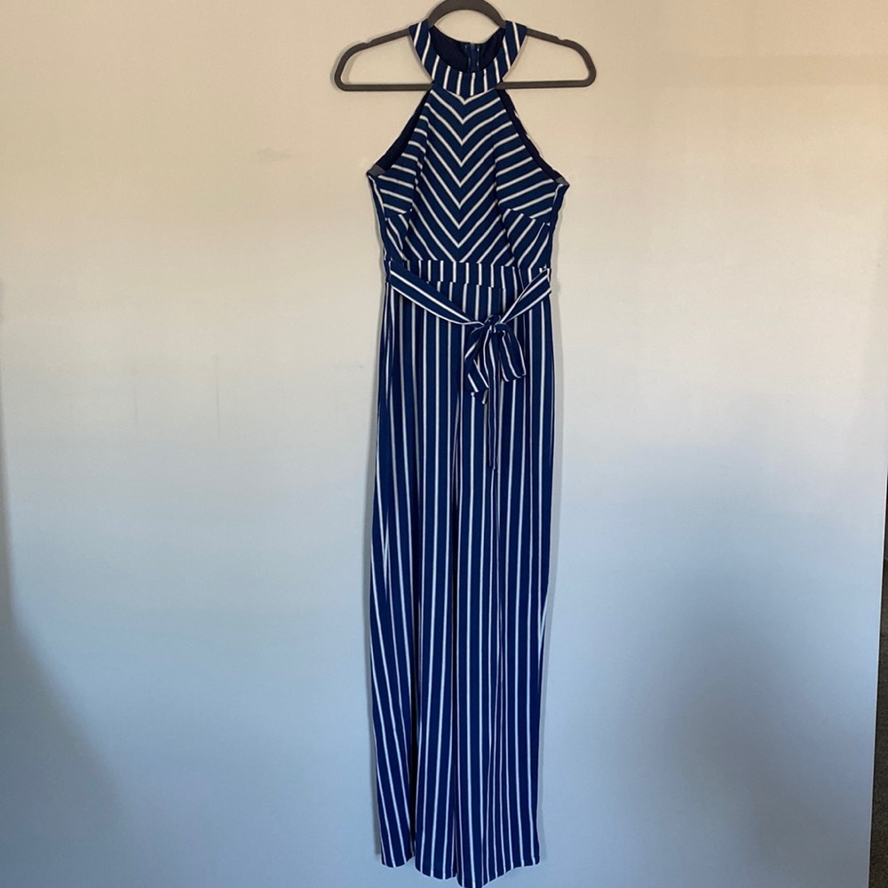 *!!WORN ONCE!!* blue striped, high neck, wide leg jumpsuit from CRYSTAL SKY.